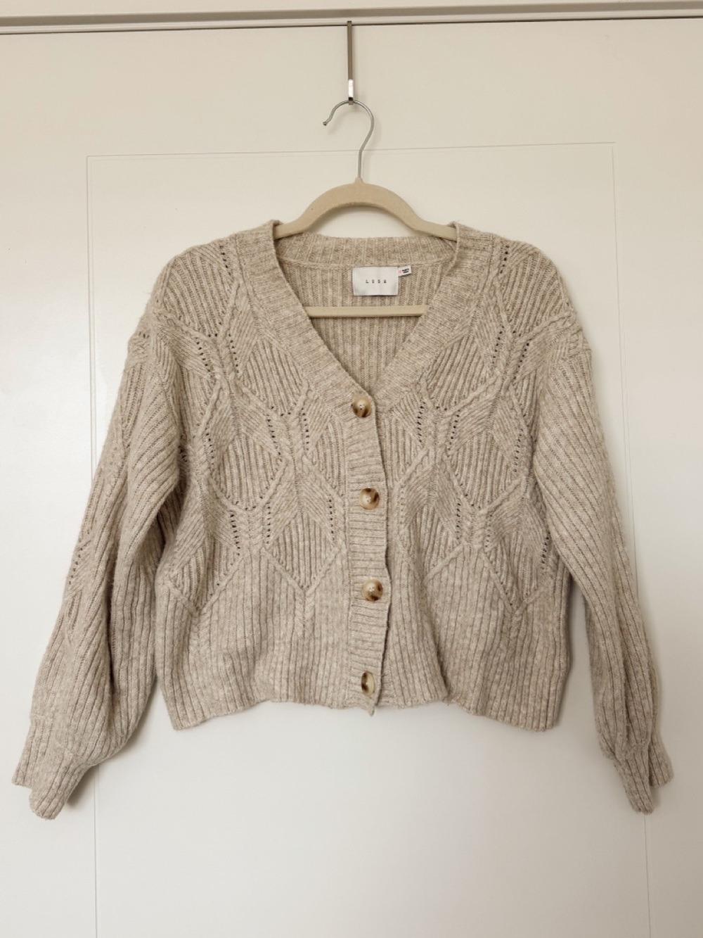 Lush Oatmeal Cable Knit Button-Front Cardigan